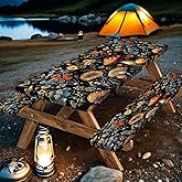 Picnic Table Cover with Bench Covers and Bag, Summer Outdoor Waterproof Windproof Tablecloth with Elastic Edges, Camping Accessories RV Gear Campers 3 Pcs Set, Black Mushroom 30X72inch