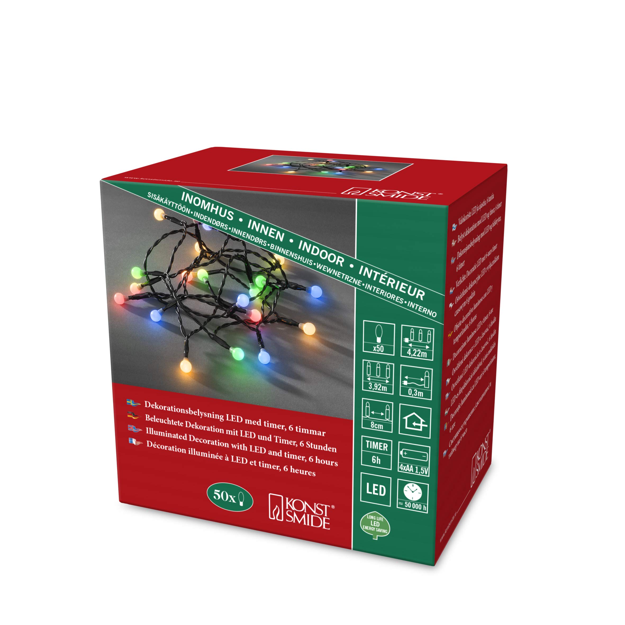 Konstsmide Christmas Lights LED Berry Set Round Diodes/Indoor Use (IP20) Battery Fairy Lights/Battery Operated: 4xAA 1.5V (excl.)/6h Timer/50 Multi Coloured Diodes/Black Cable String Lights, 1492-507