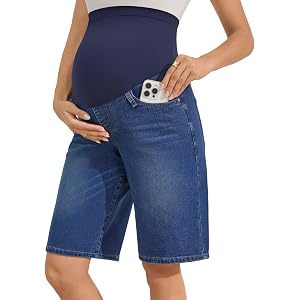 AMPOSH Women's Maternity Denim Shorts Over The Belly Bermuda Jean Shorts Wide Leg Knee Length Pockets, S-2XL