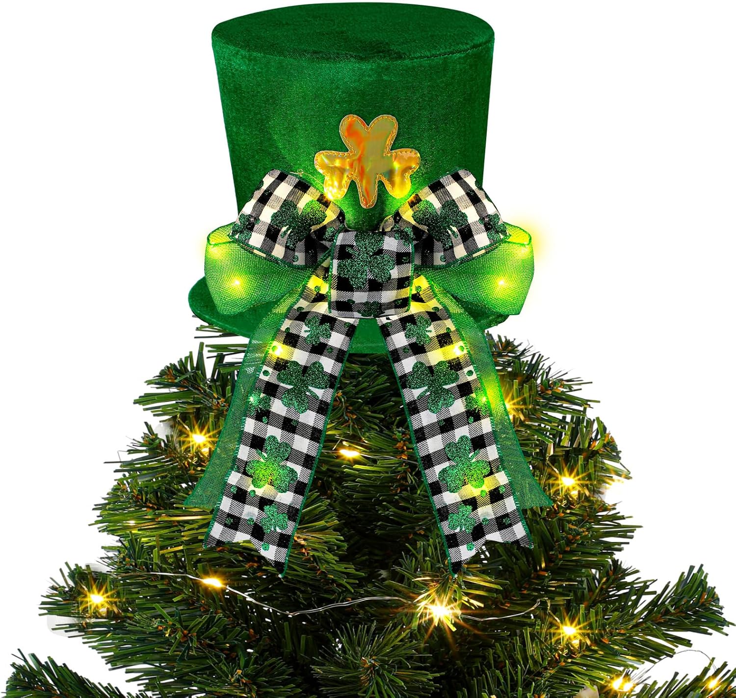 Tree Toppers - Wenqik St Patrick's Day Hat Tree Topper Hat Led Hat for Tree Green Large Black Velvet Hat with Bow St Patrick's Day Tree Indoor Outdoor Home Decor St Patrick's Day Party Decoration Supplies