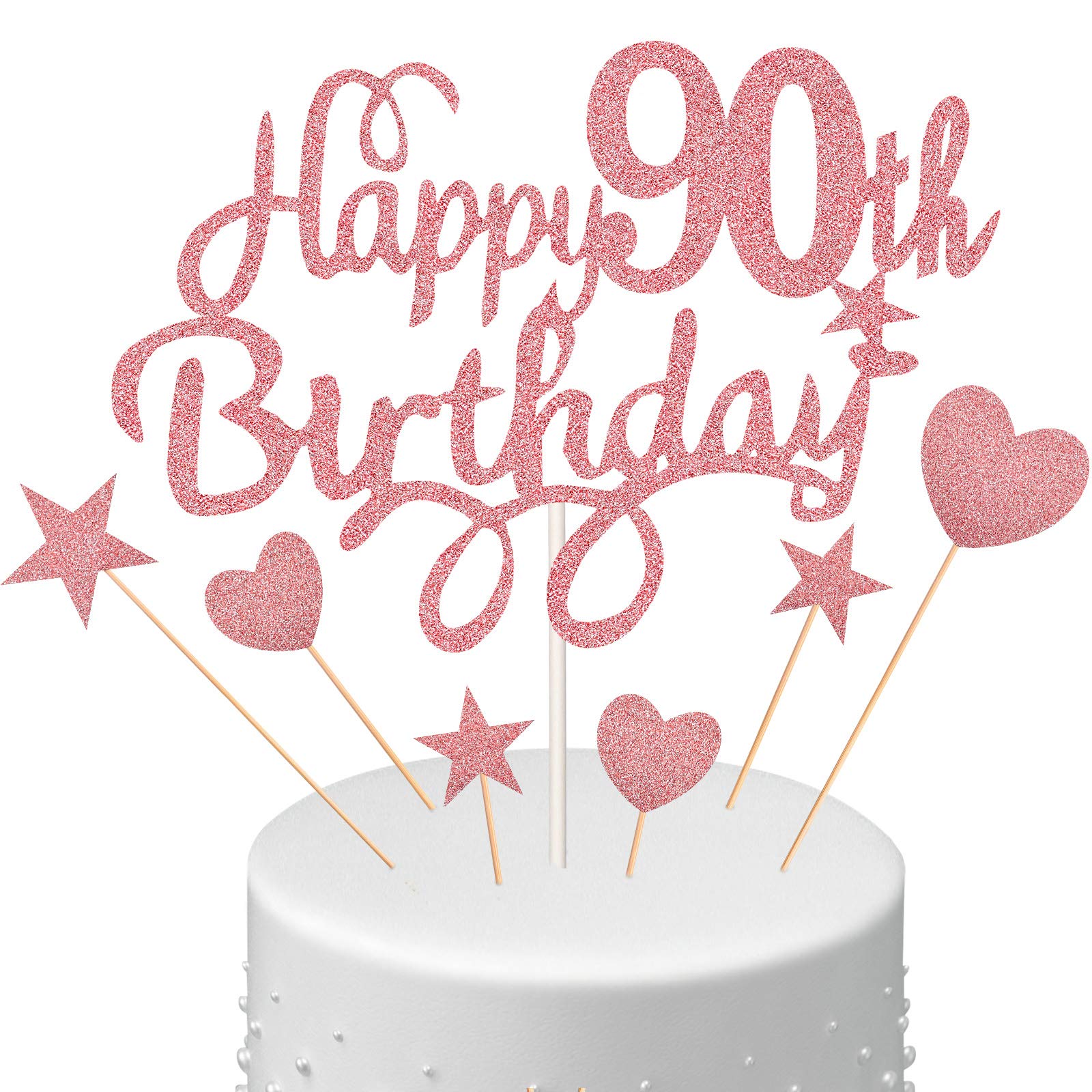 Boao 8 Pcs Happy 90th Birthday Cake Toppers Sets Include 2 Rose Gold Cake Pick Star 3 Heart Decor Personalised Glitter Birthday Party Decorations for Women Mum