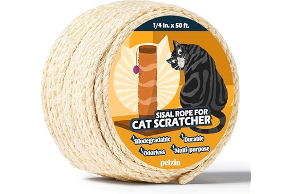 Pelzin Natural Sisal Rope for Cat Scratcher 1/4 Inch by 50 Feet, Cat Tree Rope Twine for Cat Scratching Post Replacement, Cat