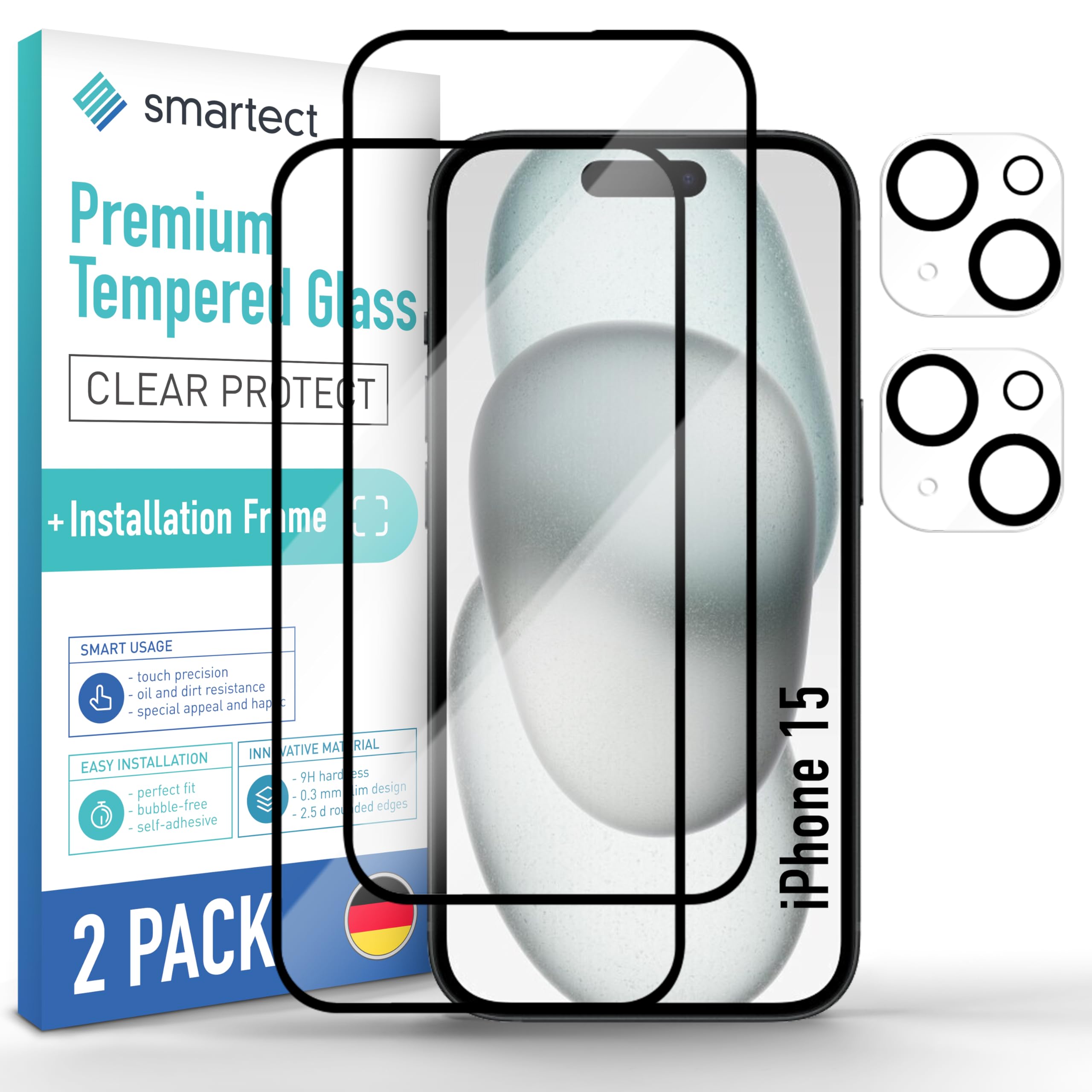 smartect Glass Screen Protector [2 + 2 Pieces, Full Screen] for iPhone 15, Display + Camera, incl. Installation Frame, HD Protective Film Anti Scratch, Bubble Free, 9H Hardness, Ultra Resistant