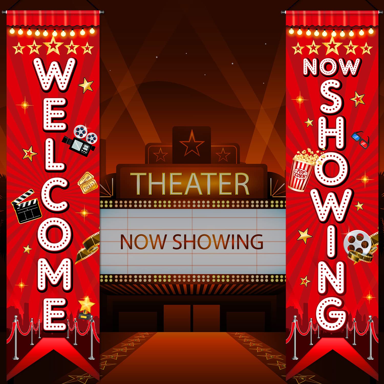 Photo 1 of Tegeme Movie Night Porch Sign Banner Movie Theme Party Decorations Theater Welcome Now Showing Lights Camera Action Hanging Porch Sign for Home Film Backdrop Party Supplies(Classic Style)