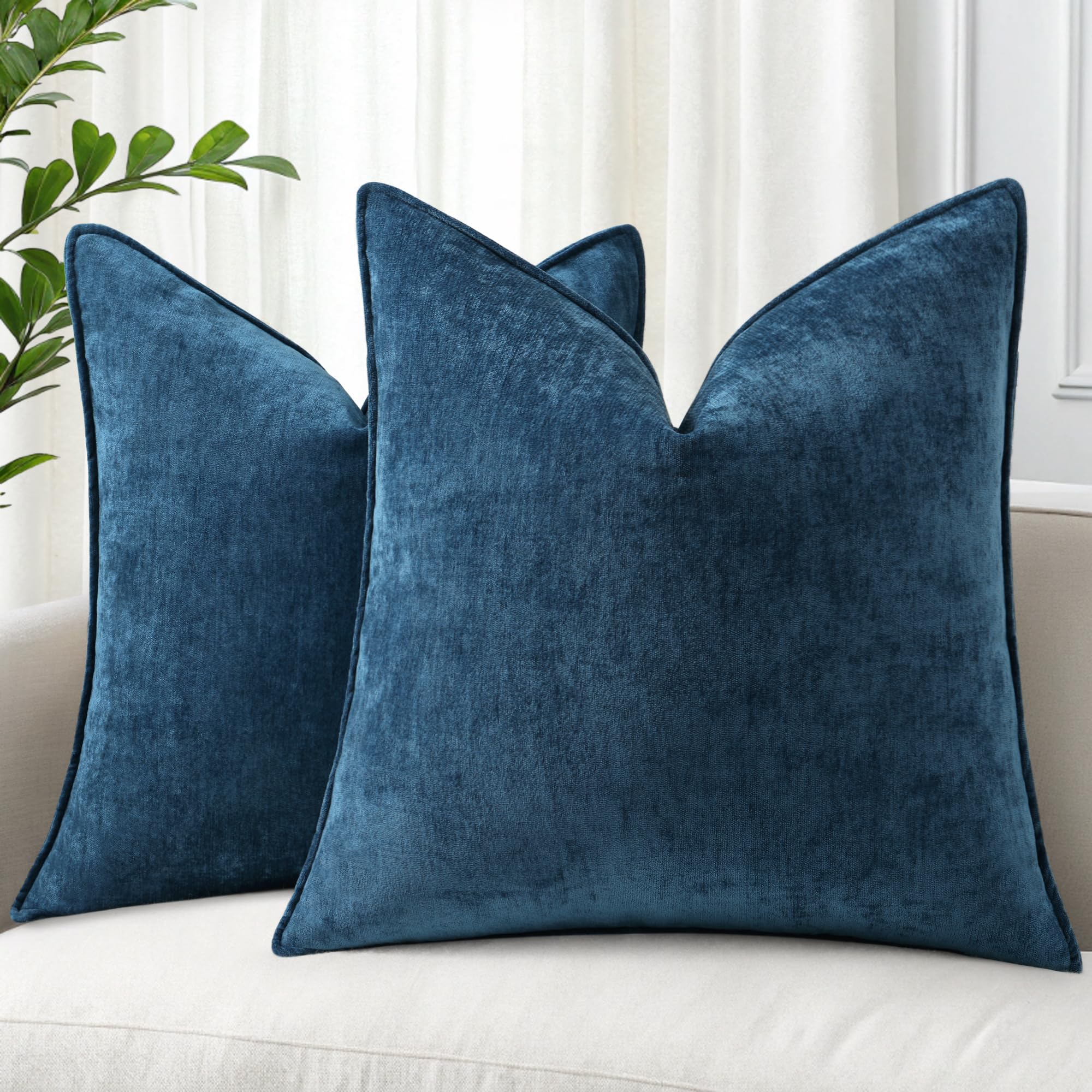 Photo 1 of decorUhome Couch Throw Pillow Covers 18x18 Set of 2, Decorative Soft Euro Neutral Chenille Pillow Covers with Elegant Design for Sofa Bed Living Room Home Decor, Poseidon