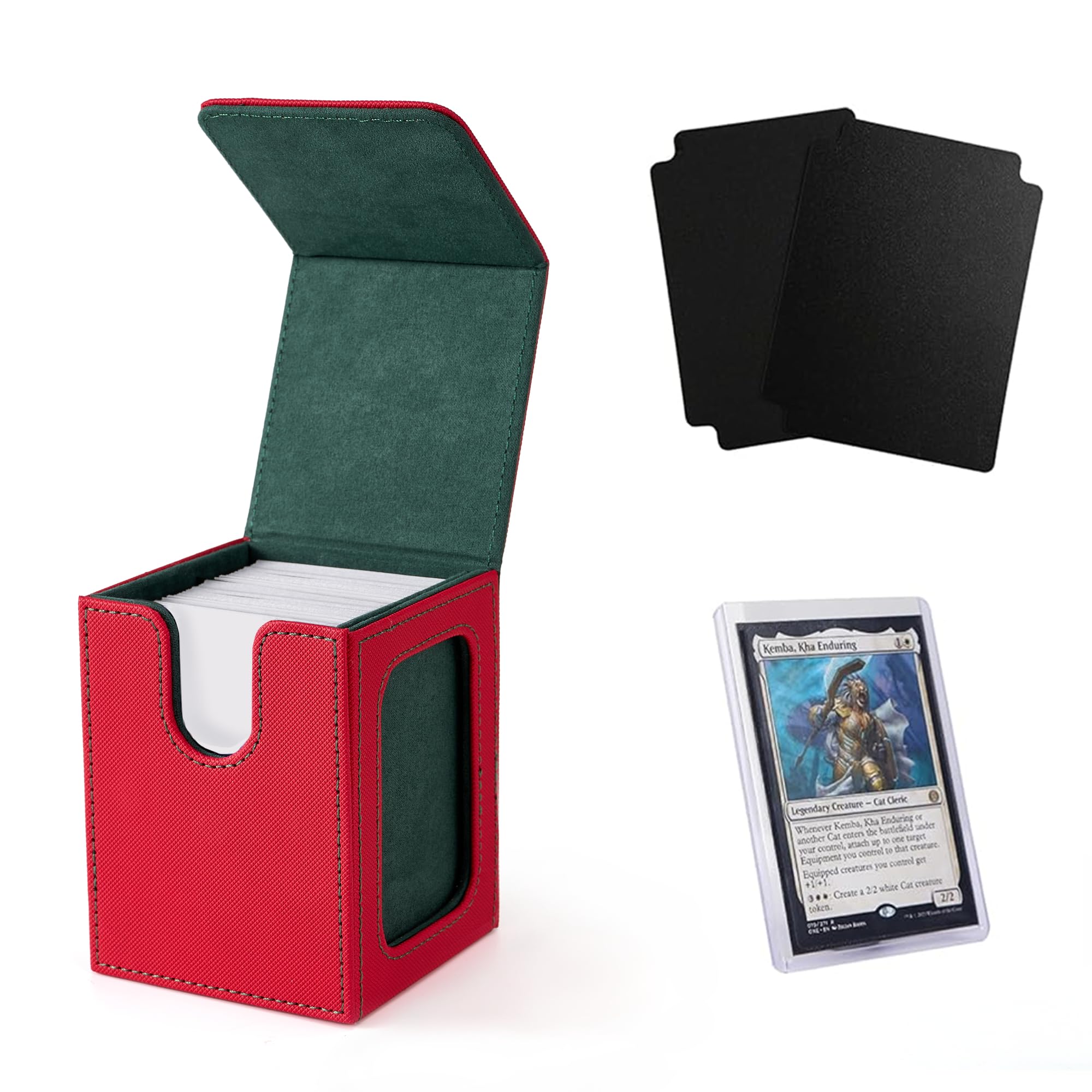 Venssu MTG Deck Box with Commander Display, Card Deck Box Fits 100 Double Sleeved Cards, TCG with 2 Dividers and 1 Toploader (Red and Green)