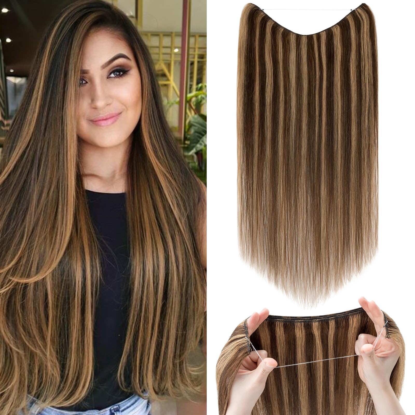 Silk-co One Piece Silk-co Secret Wire In Hair Extensions 22inch #4P27 Medium Brown&Dark Blonde Real Human Hair Secret Wire No Clip Straight Hairpiece