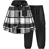 ADIRUN Toddler Boy Clothes Plaid Button Down Long Sleeve Hooded Shirt Tops Pants with Pockets 2Pcs Fall Winter Outfits 3-8Y