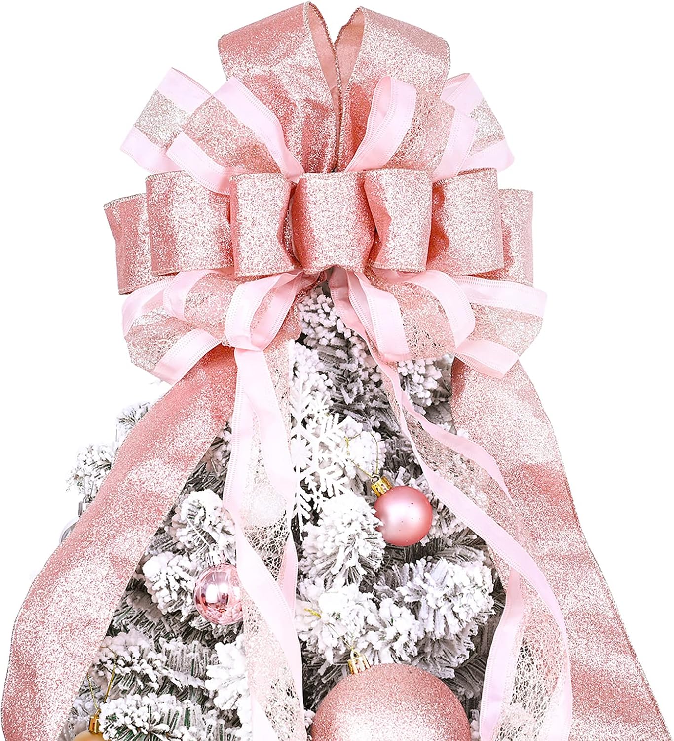 Tree Toppers - Rose Gold Christmas Tree Topper, 40x13 Inches Toppers Bow with Glitter Satin Mesh Streamer and Patterned Ribbon, Christmas Tree Topper Bow for Christmas Home Decoration