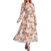Simplee Womens Fall Floral Wedding Guest Dresses Boho Flowy Maxi Dress | Long Sleeve Chiffon Modest, Church, Smocked Empire W