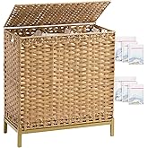 SETVSON Laundry Hamper with Lid 132 L, (35 Gallons) Clothes Hamper with Lid, Handwoven Rattan Laundry Hamper with Metal Heightened Feet, Laundry Hampers with 3 Removable Liner Bags for Laundry-Natural