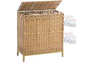 SETVSON Laundry Hamper with Lid 132 L, (35 Gallons) Clothes Hamper with Lid, Handwoven Rattan Laundry Hamper with Metal Heightened Feet, Laundry Hampers with 3 Removable Liner Bags for Laundry-Natural