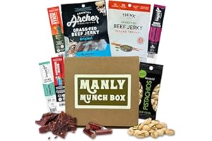 M&C GIFTS Manly Munch Box Jerky Gift for Men, Curated Assortment of High Protein Snacks, Beef & Turkey Jerky Variety Pack Gift Set, Exotic Meat Gift for Men & Women