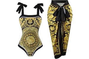 Cerdexon One Piece Bathing Suit for Women with Beach Cover up Wrap Skirt Swimsuit Sarong Retro Floral Print Bikini Set