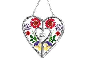 KY&BOSAM Heart Suncatchers Grandma Gift Ornament Stained Glass Sun Catcher Garden hangings Windows with Pressed Flower Heart Embedded in Glass Gifts for Grandma Mother`s Day Birthday Gifts