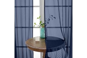 OWENIE Navy Blue Sheer Curtains - 84 Inches Long 2 Panels Set for Living Room Bedroom, Vertical Striped Textured Modern Semi 
