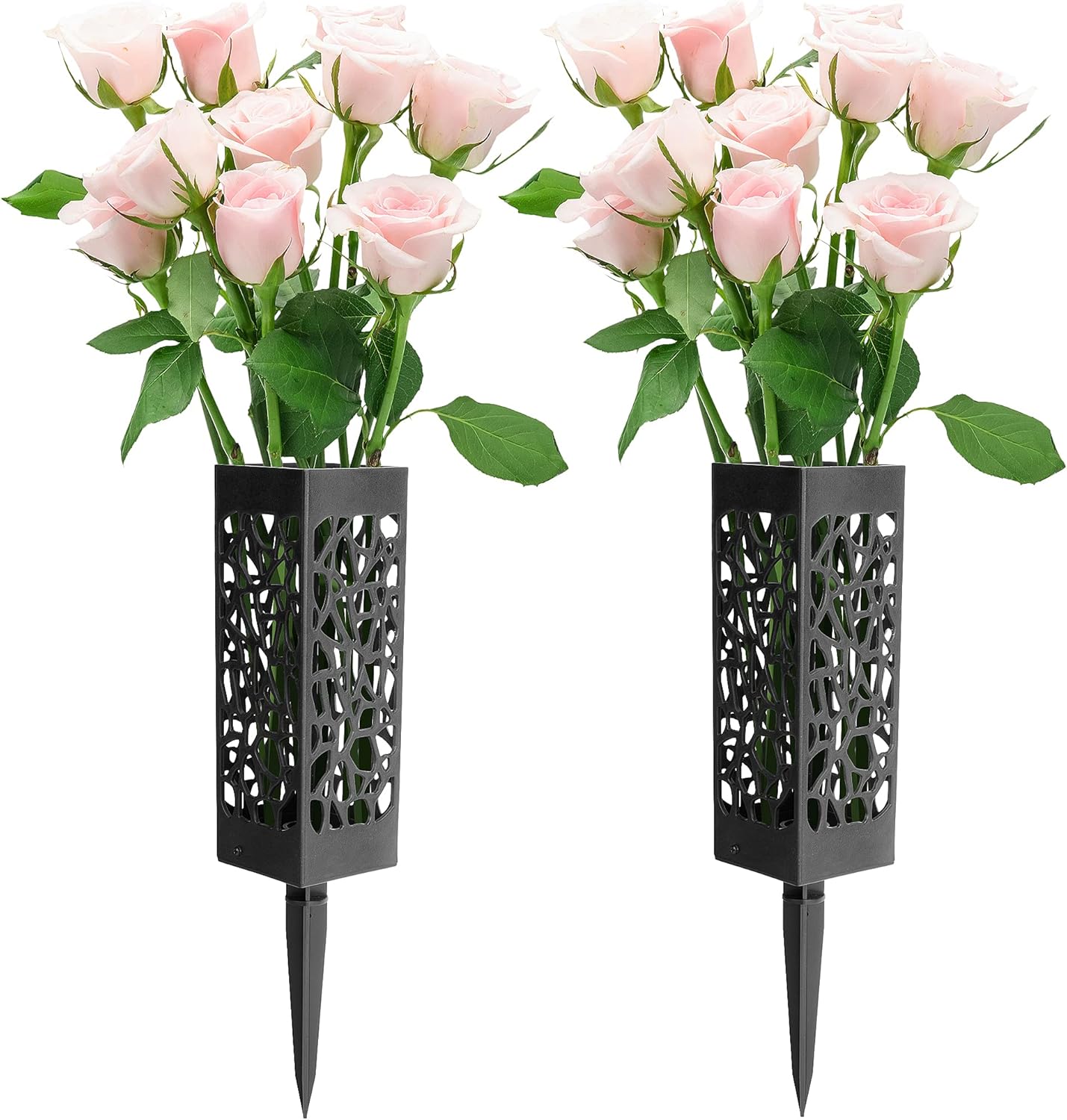 Decorative Garden Stakes - Wehhbtye 2 Pack 12 inch Memorial Cemetery Floral Holder Decoration-Plastic Floral Vase Cones with Long Spike Stake and Drainage Holes for Gravestone Grave Yard Ground Outdoor Flower Marker