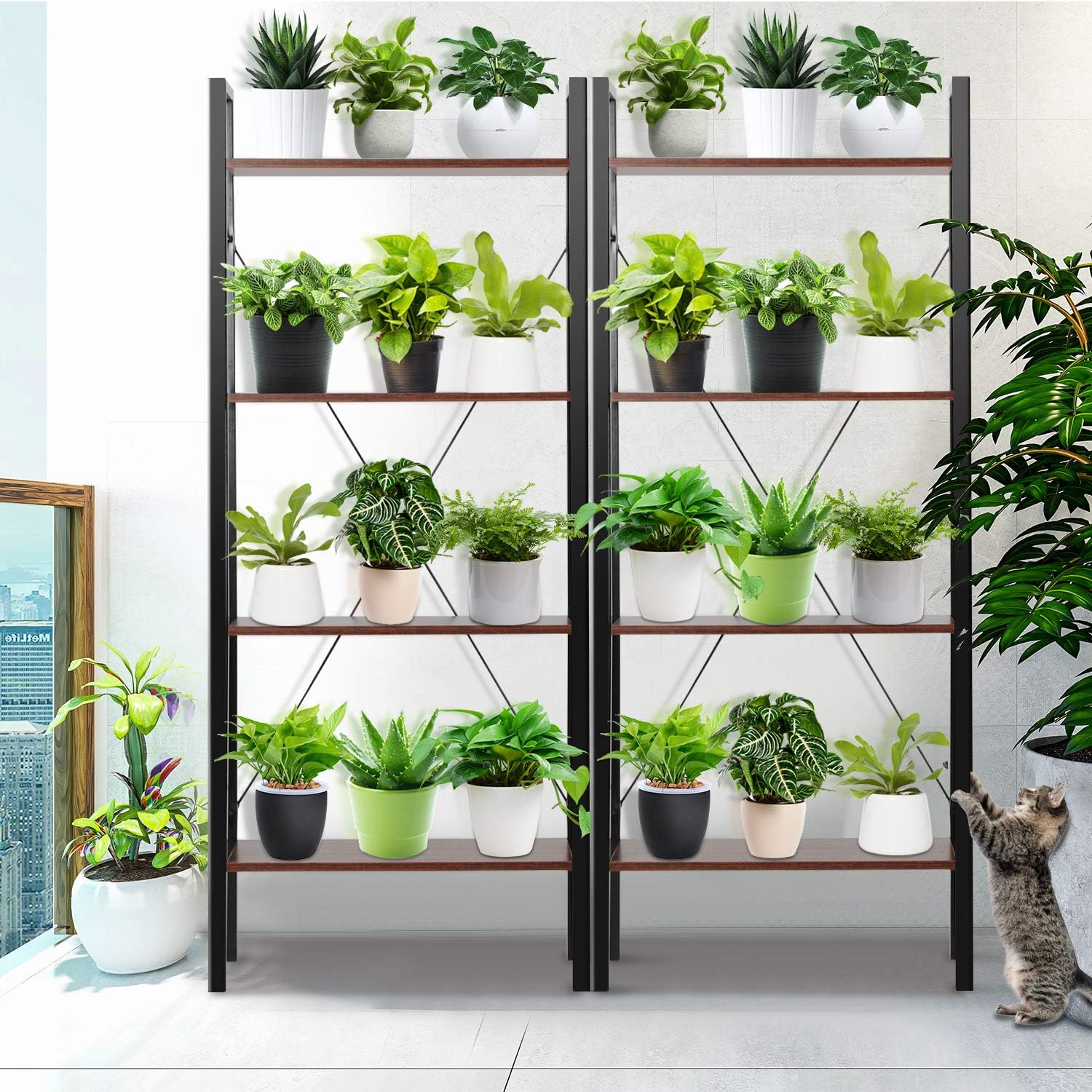 Industrial Ladder Shelf, 4-Tier Bookshelf, Free Standing Bookcase Storage Rack Shelves Plant Flower Stand with Wood Look for Living Room, Bedroom, Kitchen, Bathroom, Home Office, Balcony by Pipishell: Furniture & Decor