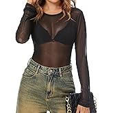 AKEWEI Womens Mesh Long Sleeve Tops Crew Neck Sexy See Through Tee Shirts Party Club Night Lace Blouse