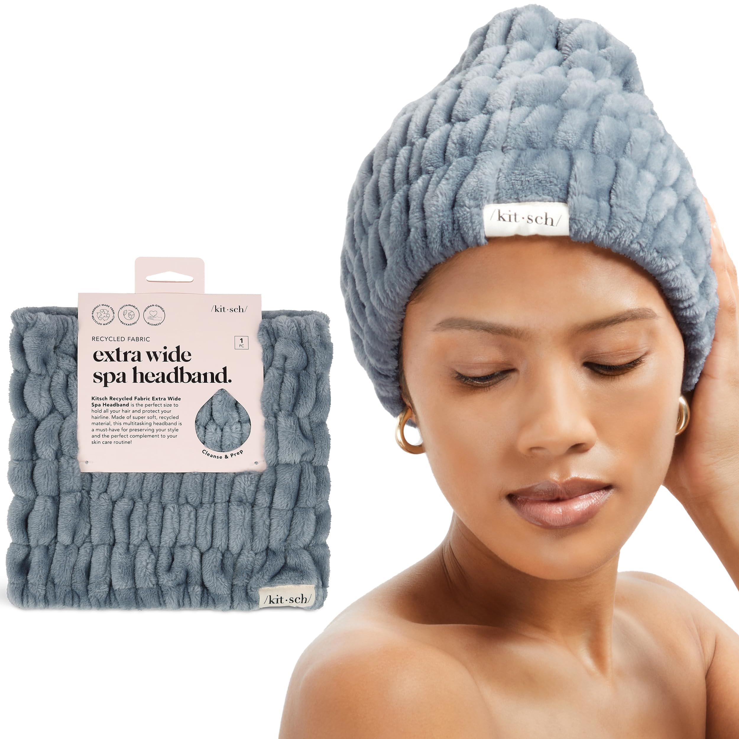Kitsch Extra Wide Spa Headband for Makeup and Beauty Skin Care - Head Wrap Band for Washing Face and Facial - Extra Soft Hairband for Women and Girls (Misty Blue)