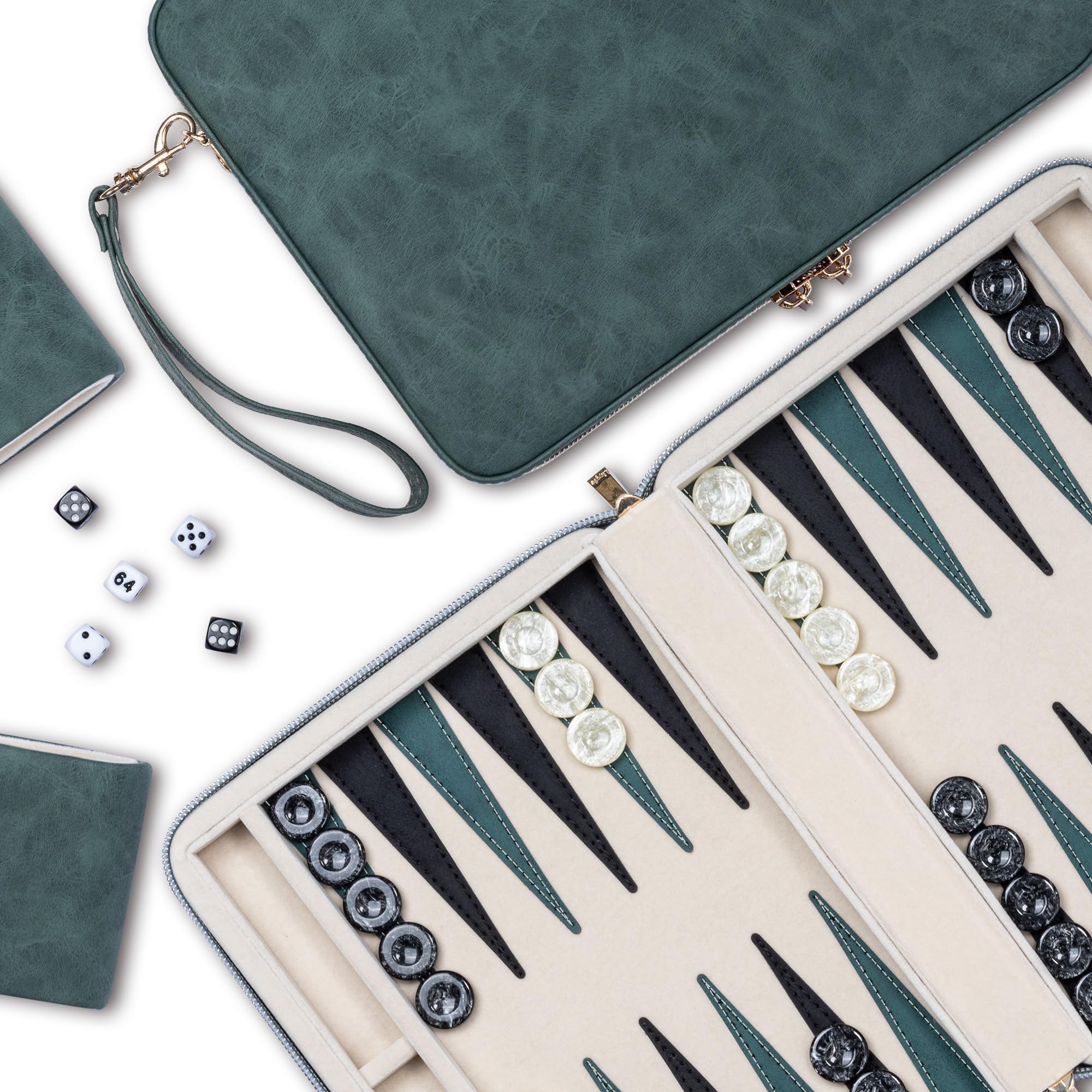 Lingle 9.4" Backgammon Sets for Adults, Classic Board Game with Folding Faux Leather Backgammon Case, Portable Travel Backgammon Game Set (Green) — image 1