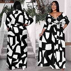 Runwind Plus Size Dress for Women 3/4 Sleeve V Neck