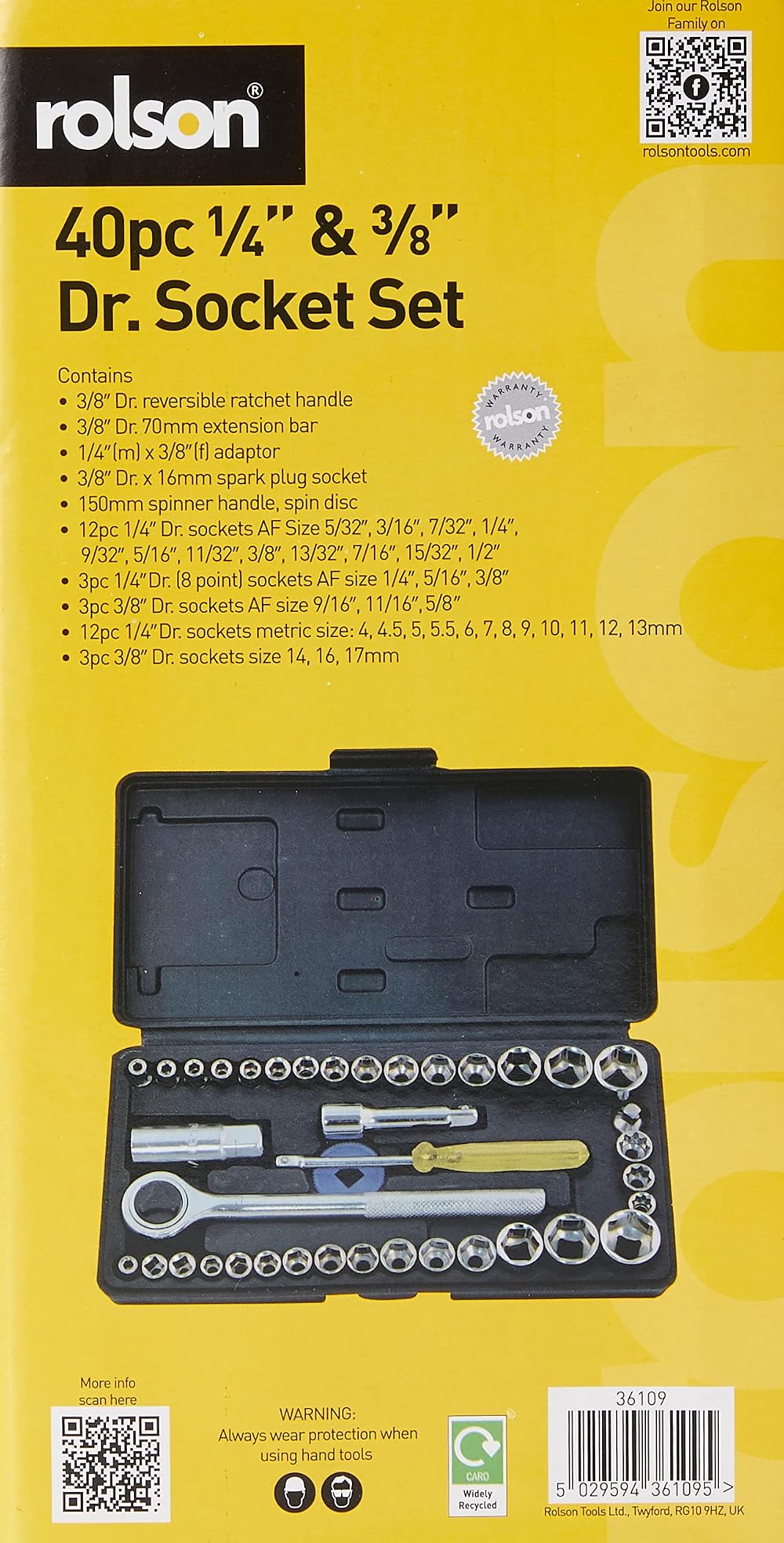 Rolson 36109 40 pc 1/4 and 3/8 Drive Socket Set with Case