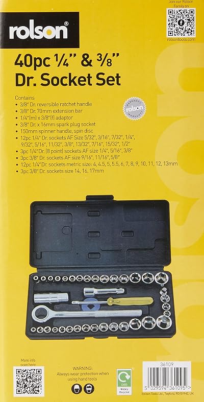 Rolson 36109 40 pc 1/4 and 3/8 Drive Socket Set with Case