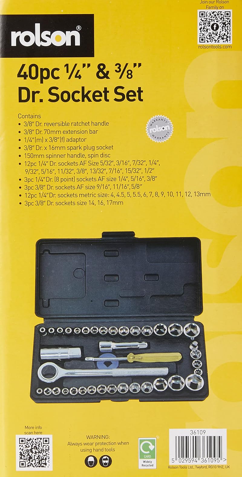 Rolson 36109 40 pc 1/4 and 3/8 Drive Socket Set with Case