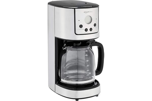 Amazon Basics Programmable Coffeemaker with Carafe and Reusable Filter, Stainless Steel, 12 Cups, Black
