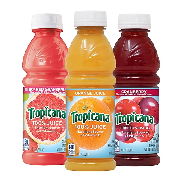 TROPICANA 100% JUICE VARIETY PACK – ORANGE, CRANBERRY, RUBY RED GRAPEFRUIT, SINGLE SERVE, 10 FL OZ BOTTLES (PACK OF 24) – VITAMIN C RICH, NO ADDED SUGARS, NO ARTIFICIAL FLAVORS