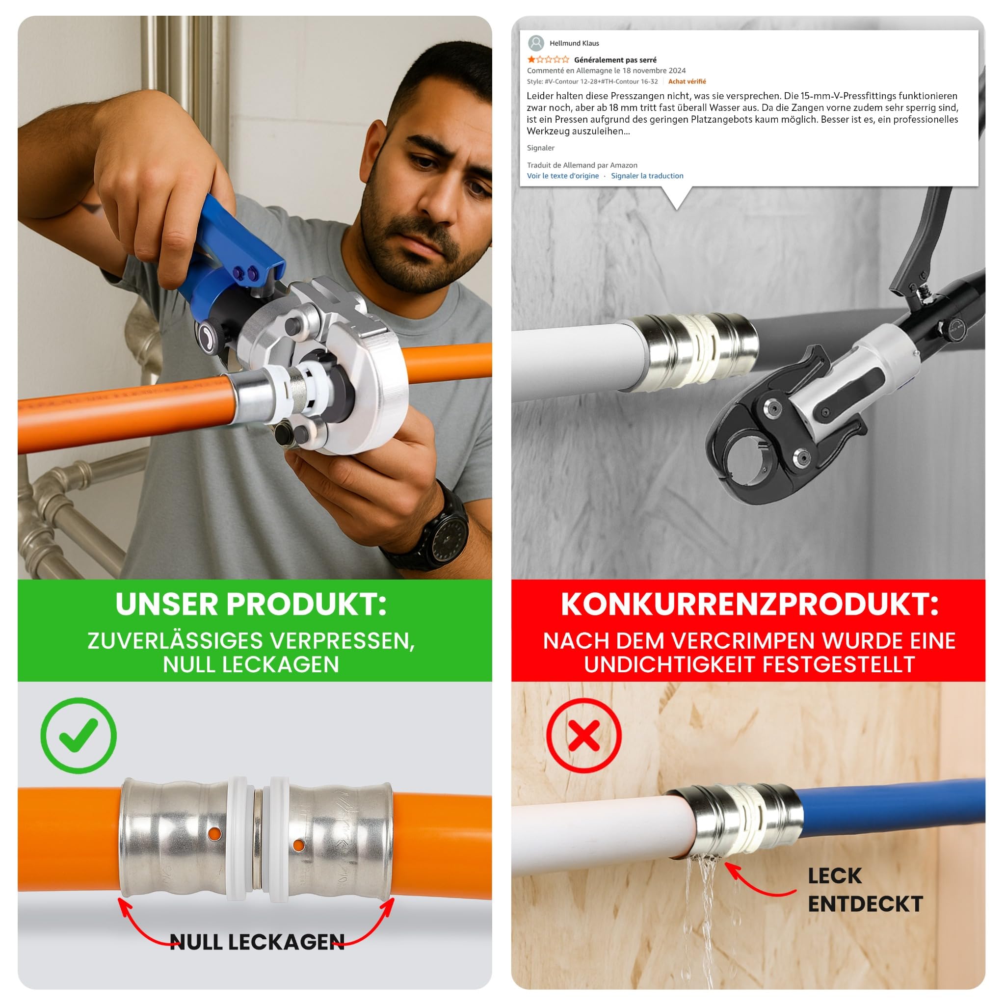 Multischicht & Kupfer Presszange TH‑V mit 10 Backen – Komplettset mit Rohrschneider, Kalibrierer und Entgrater – Kompatibel mit PER 9