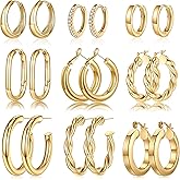 Valentines Gifts - Yesteel 9 Pairs Gold Hoop Earrings for Women, 14K Real Gold Plated Chunky Hoop Earrings Set for Women Hypoallergenic Thick Lightweight Earring for Womens Jewelry Gifts