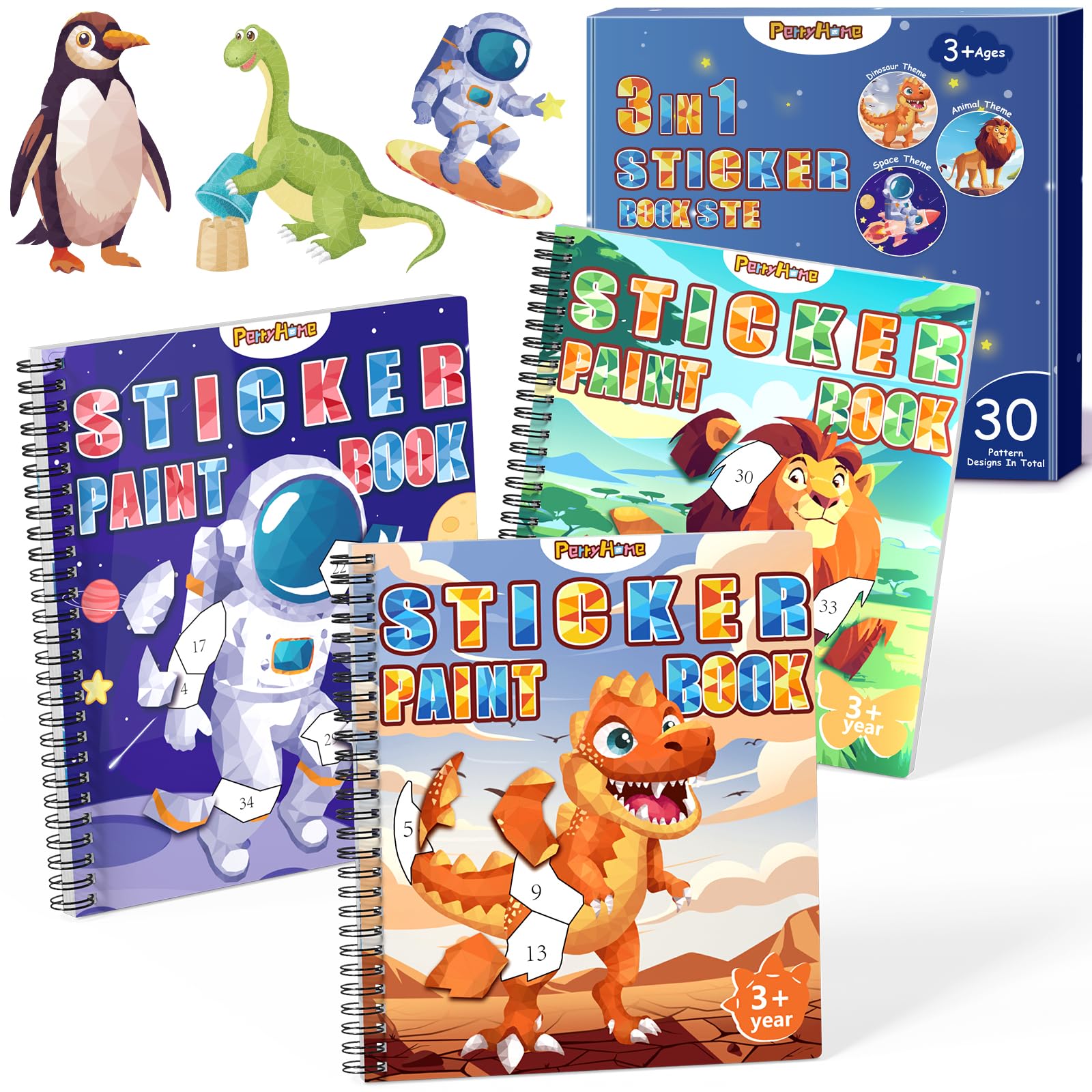 Photo 1 of ***USED***PERRYHOME 3PCS Sticker by Number Paint Books for Kids Ages 4-8, Dinosaur Animal Space Themes Sticker Activity Books, Boys Crafts Party Birthday Christmas Gifts Toys