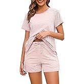 Namatime Cotton Pajama Sets for Women 2 Piece Lounge Set Stripe Pj Set Loungewear Short Sleeve Top and Shorts with Pockets