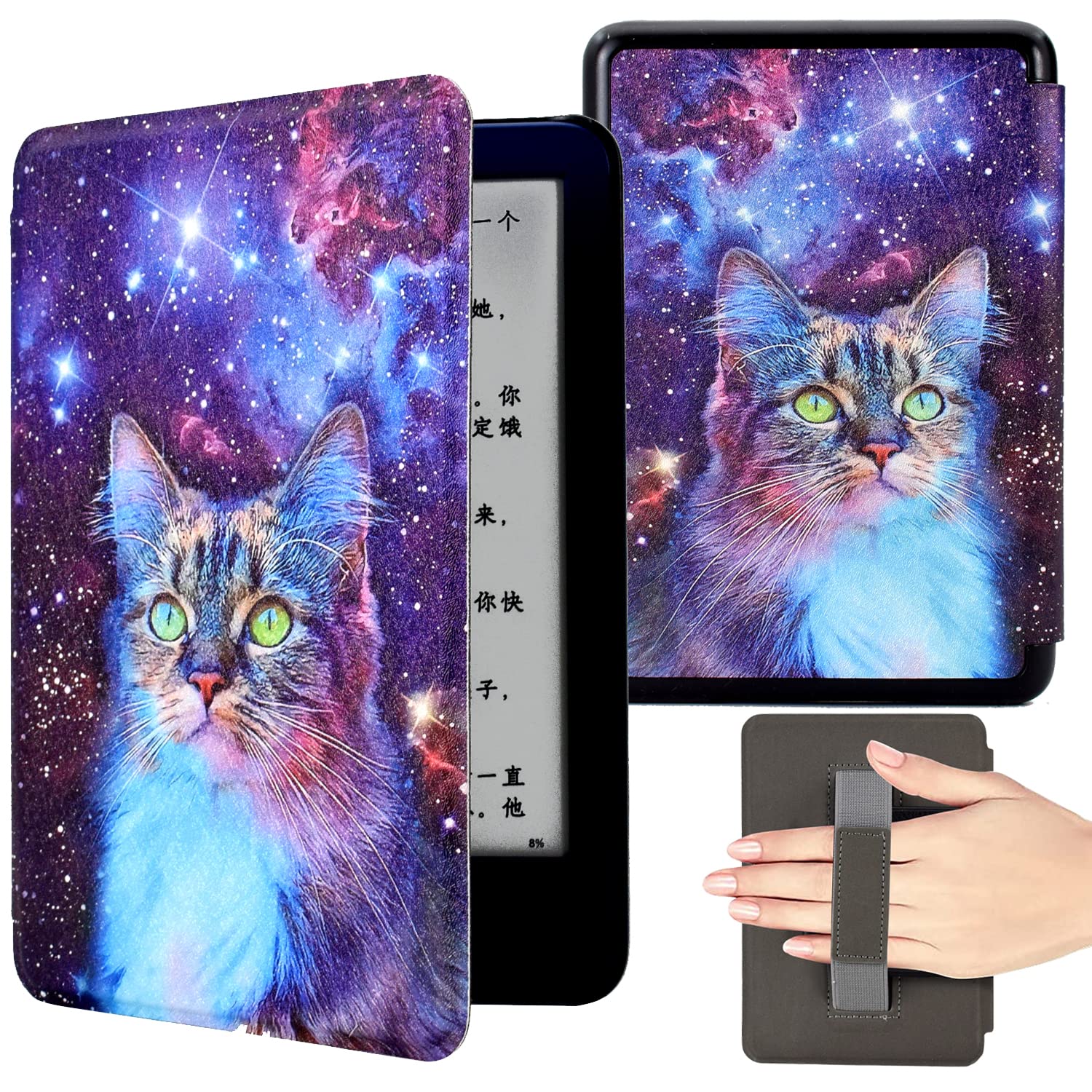 KEROM Case for 6.8" Kindle Paperwhite (11th Generation, 2021) and Kindle Paperwhite Signature Edition, PU Leather Cute Cover Protective Case with Hand Strap, Card Slot, and Auto Sleep/Wake - Space Cat