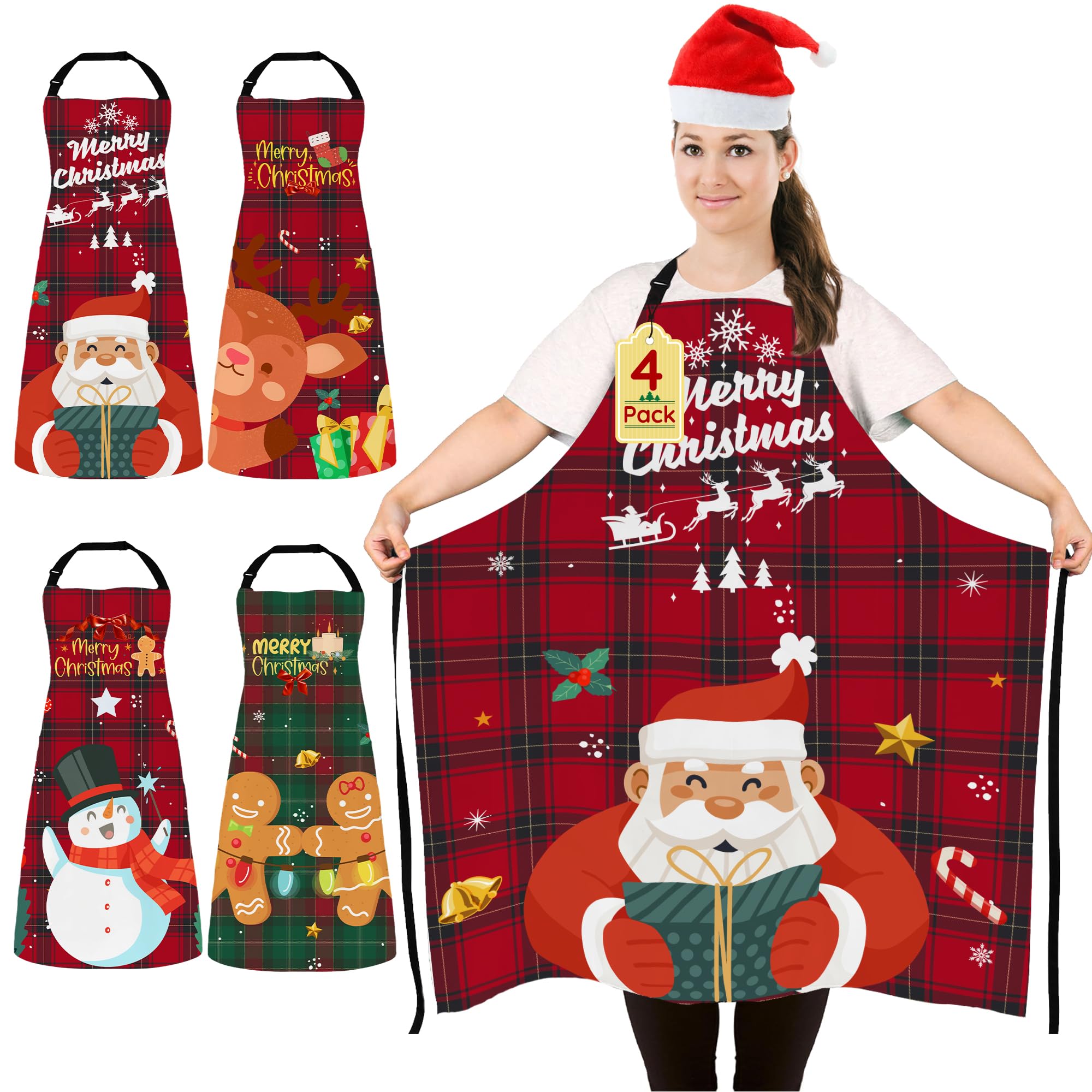 FunChaos 4 Pack Plus Size Funny Christmas Kitchen Aprons for Women Men Adjustable Cooking Chef Aprons Waterproof Bib Aprons Cute Xmas Party Aprons Gift for Bakers Wife Husband Family, Plaid