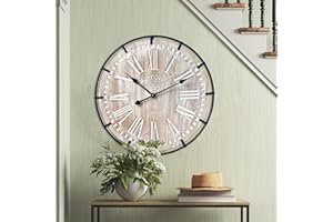 EMAX HOME 24 Inch Large Farmhouse Wall Clock, Rustic Antique Wood with Metal Circle and Large Engraved Numerals, Silent Battery Operated Wall Clock for Office Kitchen Bedroom Living Room