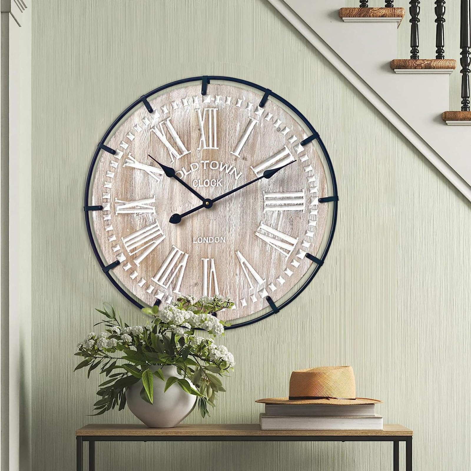 Photo 1 of EMAX HOME 24 Inch Large Farmhouse Wall Clock, Rustic Antique Wood with Metal Circle and Large Engraved Numerals, Silent Battery Operated Wall Clock for Office Kitchen Bedroom Living Room