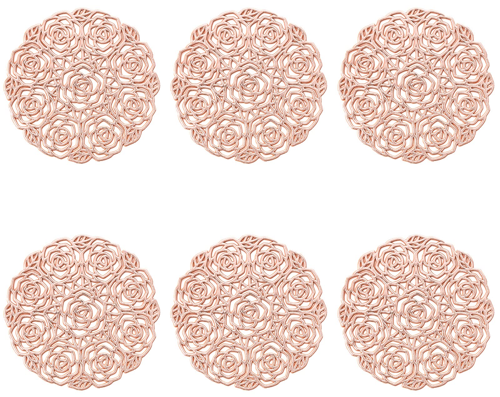 ASFINS Set of 6 Rose Coasters, Hollowed-Out Round Coasters Non-Slip Drinks Coasters Novelty Cup Coaster, for Home and Kitchen Resistant Use, Hollowed-Out, Metallic Round (Rose Gold, Style L, 10cm)