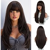 PARK YUN 27IN Layered Straight Wig with Bangs for Women Glueless Mocha Mousse Brown Chocolate Caramel Wigs Synthetic High-temperature Fiber Natural Looking Wig Ready to Go Daily Use Cosplay Party