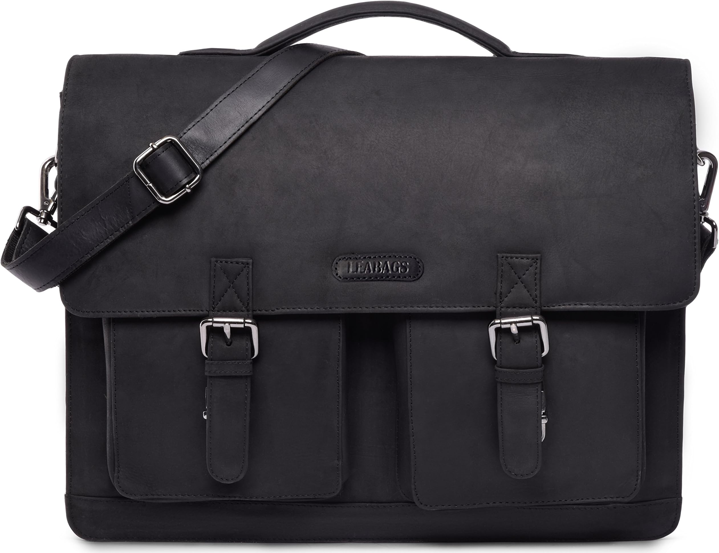 LEABAGS Miami briefcase laptop bag 15 inch shoulderbag of genuine leather in vintage style - Black