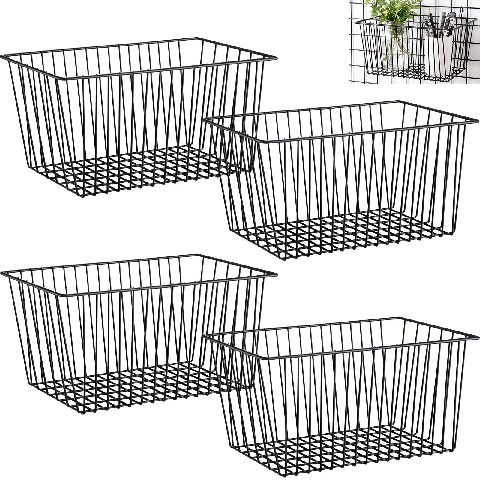 View 1 of Acellegic 4pcs Hanging Wire Basket Set with S Hooks, 10.8''x7.8''x5.6'' Grid Panel gridwall Storage Baskets for Kitchen, Home Decor, Potted Plants Display, Black Metal Gridwall Accessories