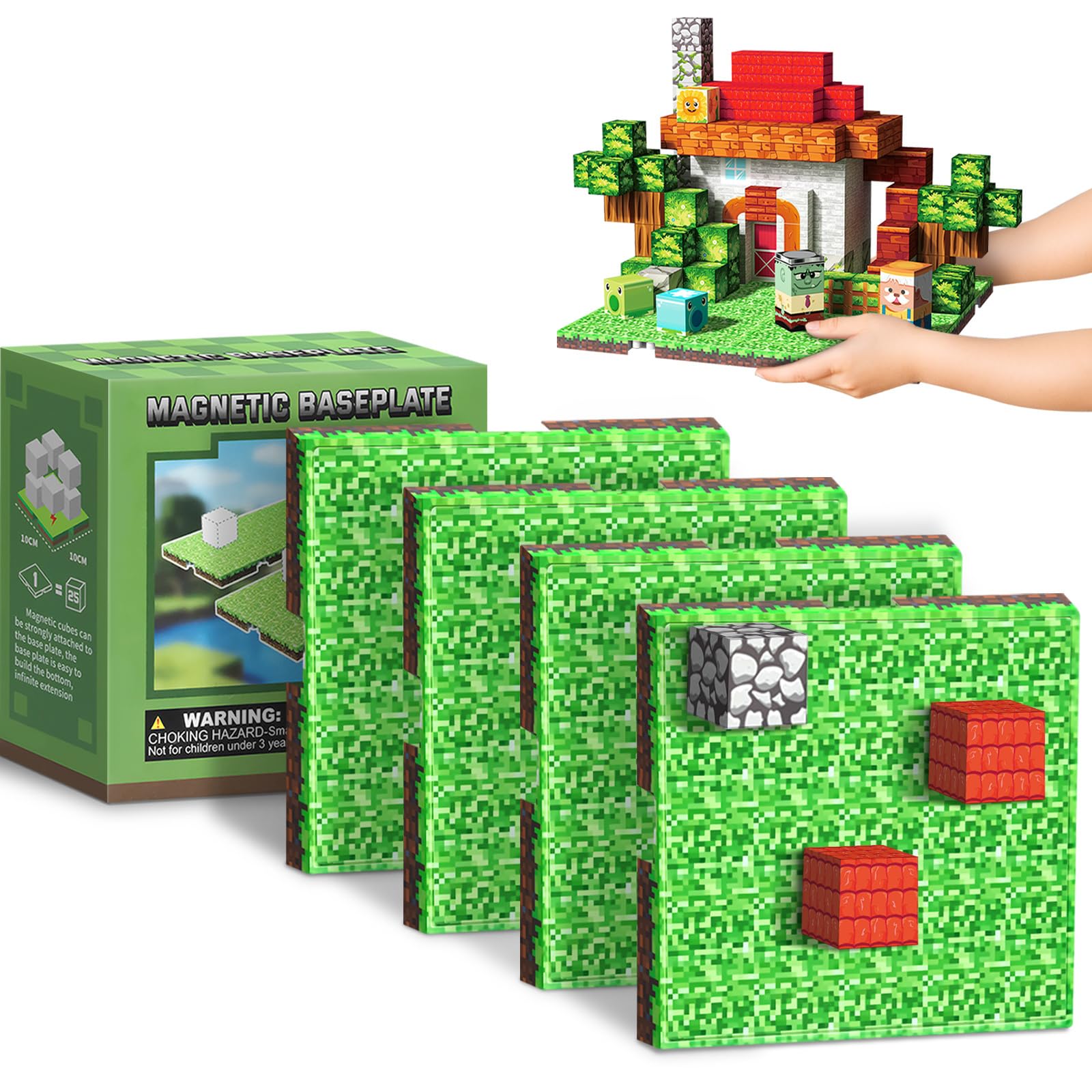 Photo 1 of * BASE PLATES ONLY * Youngyes Magnetic Blocks Baseplate - Magnet Toys for Kids, 4PCS Baseplate for Minecraft Magnetic Building Blocks Placing 4" x 4", STEM Toys Birthday Gifts for Boys Girls Age 3+ Years Old, Grassland