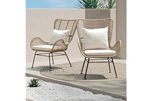 IDZO Isabelle Wicker Chairs Set of 2, 2000 Hours UV Wicker Rattan Chair, 500lbs Capacity Boho Patio Chairs with Thick Olefin Cushions and Pillows for Patio, Indoor Use