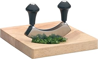 KitchenCraft Wiegemesser mit Doppelter Klinge und Holzbrett, Edelstahl/Holz, 2-teiliges Set