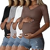Ficerd 4 Pack Women’s Maternity Shirts, Cotton Half Sleeve Pregnancy Tops Ribbed V Neck Casual Slim Fit Maternity Clothes