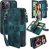 Harryshell Compatible with iPhone 14 Pro Max 6.7 inch 5G 2022 Wallet Case Detachable Magnetic Cover Zipper Cash Pocket Multi Card Slots Holder Wrist Strap Lanyard (Floral Teal)