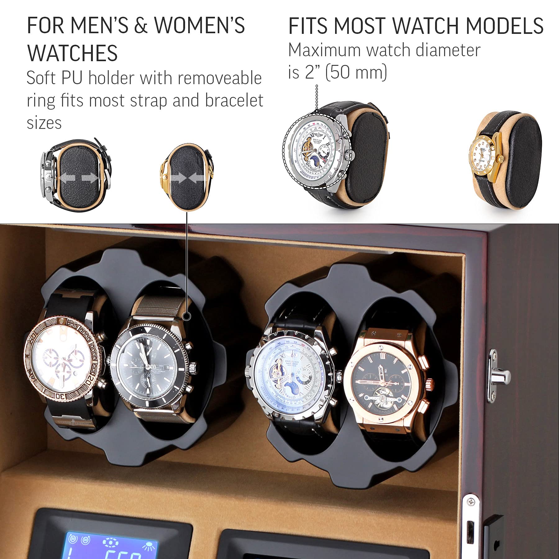 Leader WATCH WINDERS 4 Watch Winder with 5 Watch Storage Space, LCD Display, Touch Control and Interior Light