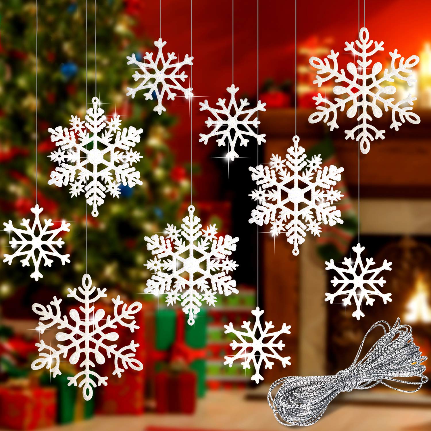 Whaline 40Pcs White Glitter Snowflake Winter Snowflake Ornaments Christmas Hanging Decorations with 197 Inches Silver Rope for Wedding Birthday Home Xmas Tree Window Door Accessories